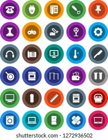 White Solid Icon Set- car fetlock vector, cleaning agent, pan, whisk, knife, oven, thermometer, ruler, notebook pc, monitor dollar, horizontal bar, headphones, classic phone, thumbtack, vial, patch
