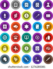White Solid Icon Set- car fetlock vector, window cleaning, toilet brush, washer, shining, blender, exchange, dollar growth, medal, monitor, water bottle, route, internet, ambulance star, gender sign