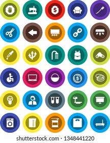 White Solid Icon Set- car fetlock vector, washer, shower, camping cauldron, measuring cup, backpack, scissors, dollar coin, presentation board, shield, scales, sports nutrition, hoop, support, big