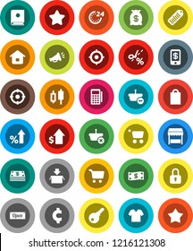 White Solid Icon Set- cart vector, japanese candle, percent growth, dollar, target, cent sign, barcode, cash, star, money bag, open, 24 hour, shopping, market, card reader, basket, home, catalog
