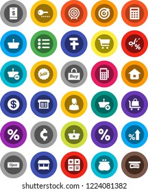 White Solid Icon Set- cart vector, percent growth, target, cent sign, dollar coin, wallet, sale, open, market, support, buy, card reader, receipt, basket, home, calculator, trolley, tap pay, coupon