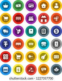 White Solid Icon Set- cart vector, receipt, gift, credit card, dollar coin, cash, sale, new, market, store, support, barcode, cashbox, basket, home, shopping list, calculator, auction, trolley