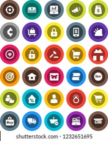 White Solid Icon Set- cart vector, laptop graph, percent growth, cent sign, gift, cash, money bag, new, customer, support, target, buy, cashbox, basket, home, auction, trolley, delivery, loudspeaker