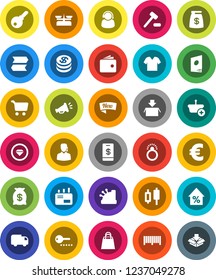 White Solid Icon Set- cart vector, japanese candle, wallet, percent growth, euro sign, dollar coin, money bag, new, shopping, support, barcode, cashbox, basket, auction, delivery, mail, catalog