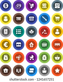 White Solid Icon Set- cart vector, japanese candle, laptop graph, crisis, dollar growth, euro sign, office, credit card, coin, money bag, market, mall, support, barcode, receipt, basket, home, menu