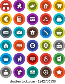 White Solid Icon Set- cart vector, crisis, percent growth, dollar, euro sign, gift, credit card, coin, wallet, cash, closed, target, buy, barcode, basket, home, calculator, auction, trolley, mail
