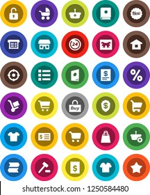 White Solid Icon Set- cart vector, receipt, gift, new, 24 hour, shopping bag, percent, store, target, buy, basket, home, auction, trolley, catalog, unlock, baby stroller, signpost, clothes, menu