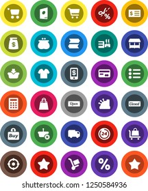 White Solid Icon Set- cart vector, receipt, credit card, wallet, star, money bag, open, closed, 24 hour, shopping, percent, market, mall, target, buy, cashbox, basket, calculator, trolley, delivery