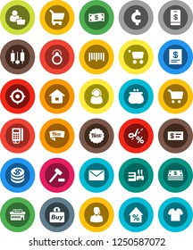 White Solid Icon Set- cart vector, japanese candle, percent growth, target, cent sign, barcode, dollar coin, wallet, cash, new, mall, customer, support, buy, card reader, receipt, home, auction