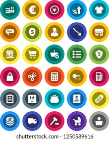 White Solid Icon Set- cart vector, laptop graph, crisis, percent growth, euro sign, office, barcode, dollar coin, wallet, new, shopping bag, mall, support, card reader, receipt, basket, list, coupon