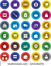 White Solid Icon Set- cart vector, laptop graph, wallet, crisis, euro sign, barcode, gift, credit card, dollar coin, star, money bag, shopping, market, mall, support, buy, cashbox, receipt, basket