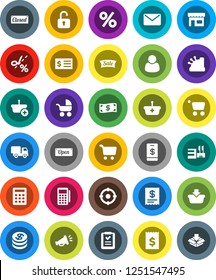 White Solid Icon Set- cart vector, receipt, dollar coin, cash, sale, open, closed, percent, store, mall, customer, target, card reader, cashbox, basket, shopping list, calculator, delivery, mail