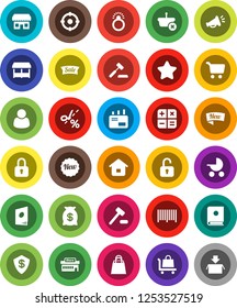 White Solid Icon Set- cart vector, star, money bag, sale, new, shopping, market, store, mall, customer, target, barcode, basket, home, calculator, auction, trolley, mail, catalog, loudspeaker, lock