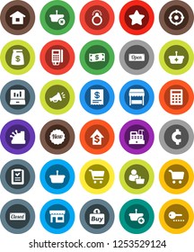 White Solid Icon Set- cart vector, laptop graph, dollar growth, cent sign, cash, star, money bag, new, open, closed, market, store, customer, target, buy, card reader, cashbox, receipt, basket, home