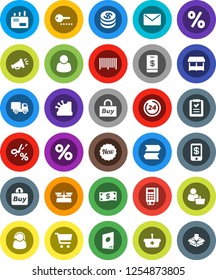White Solid Icon Set- cart vector, dollar coin, cash, new, 24 hour, percent, market, customer, support, buy, barcode, card reader, cashbox, basket, shopping list, delivery, mail, catalog, tap pay