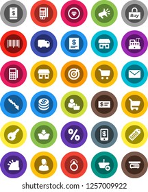 White Solid Icon Set- cart vector, crisis, office, barcode, dollar coin, percent, store, customer, support, target, buy, card reader, cashbox, receipt, basket, delivery, mail, loudspeaker, check