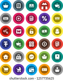 White Solid Icon Set- cart vector, gift, cash, sale, open, percent, support, target, buy, card reader, basket, home, shopping list, calculator, mail, catalog, unlock, check, coupon, diamond ring
