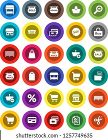 White Solid Icon Set- cart vector, credit card, office, cargo search, estate document, sale signboard, rooms, sold, low price, shopping bag, percent, market, store, buy, barcode, basket, coupon