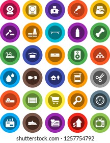 White Solid Icon Set- cart vector, dollar growth, auction, clock, gold ingot, snickers, skateboard, sports nutrition, water bottle, heart monitor, bone, wood box, dry cargo, speaker, scissors, pool