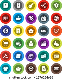White Solid Icon Set- cart vector, receipt, credit card, dollar coin, money bag, closed, 24 hour, percent, mall, customer, target, buy, barcode, cashbox, basket, home, auction, catalog, tap pay