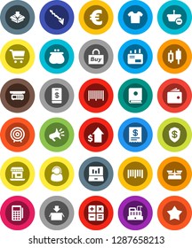 White Solid Icon Set- cart vector, japanese candle, laptop graph, wallet, crisis, dollar growth, target, euro sign, office, barcode, support, buy, card reader, cashbox, receipt, basket, calculator