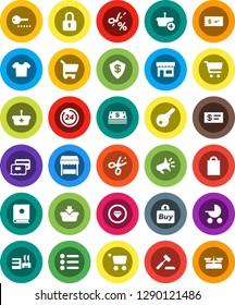 White Solid Icon Set- cart vector, credit card, cash, 24 hour, shopping bag, market, store, mall, buy, basket, auction, catalog, loudspeaker, lock, check, coupon, diamond ring, baby stroller, menu