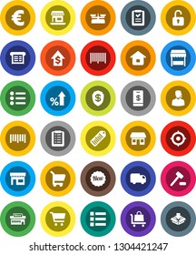White Solid Icon Set- cart vector, percent growth, dollar, target, euro sign, office, barcode, new, market, store, mall, support, receipt, home, shopping list, auction, trolley, delivery, unlock