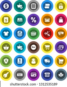 White Solid Icon Set- cart vector, receipt, credit card, dollar coin, cash, new, open, shopping bag, percent, mall, support, basket, list, delivery, lock, coupon, signpost, clothes, shield, password