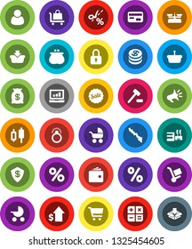 White Solid Icon Set- cart vector, japanese candle, laptop graph, wallet, crisis, dollar growth, credit card, coin, money bag, sale, percent, mall, customer, basket, calculator, auction, trolley