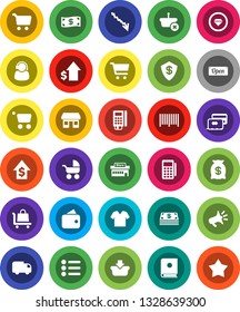 White Solid Icon Set- cart vector, crisis, dollar growth, office, credit card, wallet, cash, money bag, open, mall, support, barcode, reader, basket, trolley, delivery, catalog, loudspeaker, clothes