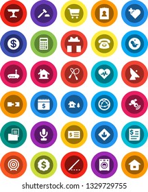 White Solid Icon Set- cart vector, auction, calculator, receipt, target, dollar medal, personal information, calendar, jump rope, heart cross, flammable, satellite antenna, satellitie, microphone