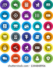 White Solid Icon Set- cart vector, credit card, dollar coin, wallet, cash, shopping bag, store, customer, target, barcode, cashbox, receipt, basket, home, calculator, delivery, mail, unlock, check