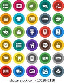 White Solid Icon Set- cart vector, receipt, gift, credit card, cash, sale, new, open, closed, mall, barcode, reader, basket, auction, delivery, mail, loudspeaker, unlock, tap pay, baby stroller