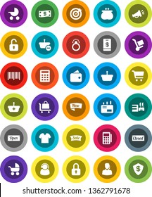 White Solid Icon Set- cart vector, wallet, cash, sale, new, open, closed, mall, support, target, barcode, card reader, basket, calculator, trolley, mail, loudspeaker, lock, unlock, tap pay, clothes