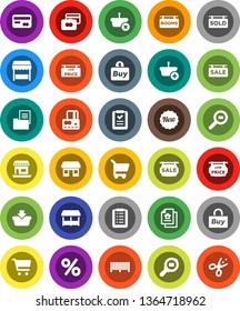 White Solid Icon Set- cart vector, credit card, office, cargo search, estate document, sale signboard, rooms, sold, low price, new, percent, market, buy, barcode, basket, shopping list, coupon