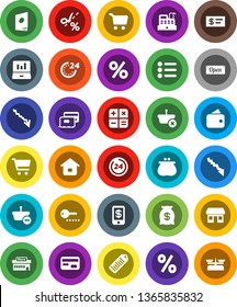 White Solid Icon Set- cart vector, laptop graph, crisis, office, barcode, credit card, wallet, money bag, open, 24 hour, percent, mall, cashbox, basket, home, calculator, catalog, check, tap pay
