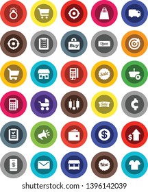 White Solid Icon Set- cart vector, japanese candle, wallet, dollar growth, target, cent sign, coin, sale, new, open, shopping bag, market, store, buy, card reader, basket, list, delivery, mail