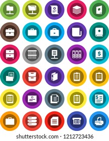 White Solid Icon Set- case vector, clipboard, certificate, document, archive, exam, annual report, binder, receipt, newspaper, network folder, big data, estate, catalog, printer