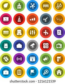White Solid Icon Set- case vector, backpack, telescope, certificate, flag, leaf, constellation, dollar calendar, clipboard, breads, gymnast rings, route, sorting, barcode, music hit, antenna, mail