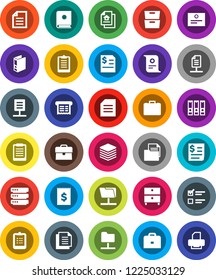 White Solid Icon Set- case vector, clipboard, certificate, document, archive, exam, annual report, binder, receipt, network folder, big data, estate, catalog, printer