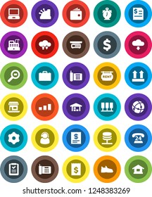 White Solid Icon Set- case vector, alarm clock, wallet, annual report, receipt, dollar sign, snickers, office, phone, 24, top, sorting, cargo search, connection, server, network, cloud exchange