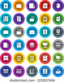 White Solid Icon Set- case vector, clipboard, certificate, document, archive, exam, annual report, binder, receipt, newspaper, network folder, big data, estate, catalog, printer