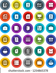 White Solid Icon Set- case vector, clipboard, certificate, document, archive, exam, annual report, binder, receipt, newspaper, network folder, big data, catalog, printer