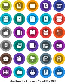 White Solid Icon Set- case vector, clipboard, certificate, document, archive, exam, annual report, binder, receipt, newspaper, network folder, big data, estate, catalog, printer