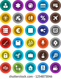 White Solid Icon Set- case vector, scissors, japanese candle, percent growth, calendar, euro sign, scales, gymnast rings, plane, satellite, client, tv, social media, thumbtack, pause button, flask