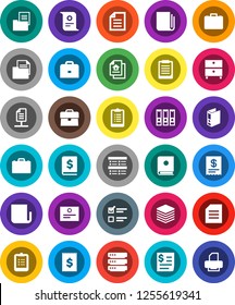 White Solid Icon Set- case vector, clipboard, certificate, document, archive, exam, annual report, binder, receipt, newspaper, big data, network, estate, catalog, printer