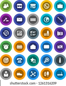 White Solid Icon Set- case vector, alarm clock, exam, japanese candle, laptop graph, cash, crisis, auction, tie, snickers, earth, phone, 24, sea container, package, group, mail, network, favorites