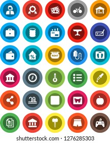 White Solid Icon Set- case vector, compass, medal, bank, percent growth, check, diet, scales, bike, shorts, molecule, pool, money, support, warehouse, oil barrel, backward button, thermometer, table