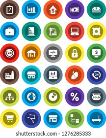 White Solid Icon Set- case vector, graph, pie, cart, laptop, cash, dollar growth, monitor, any currency, earth, phone 24, clipboard, warehouse, diagnostic, network, hierarchy, sold signboard, hour