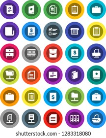 White Solid Icon Set- case vector, clipboard, certificate, document, archive, exam, annual report, binder, receipt, newspaper, network folder, estate, catalog, printer